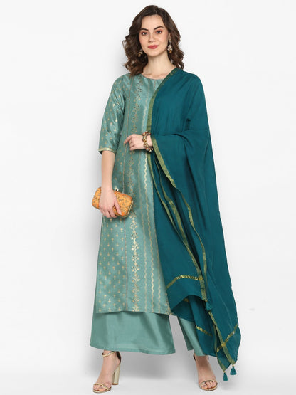 Women's Light Green Poly Silk Floral Print Kurta With Palazzo And Dupatta