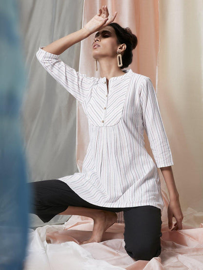 Women's White Weaved Cotton Top by Janasya-