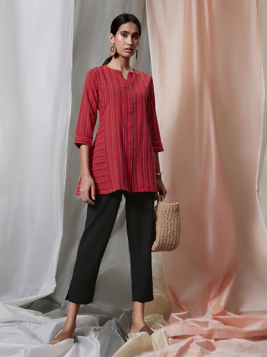 Women's Red Weaved Cotton T