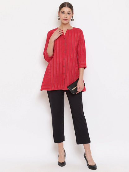 Women's Red Weaved Cotton T