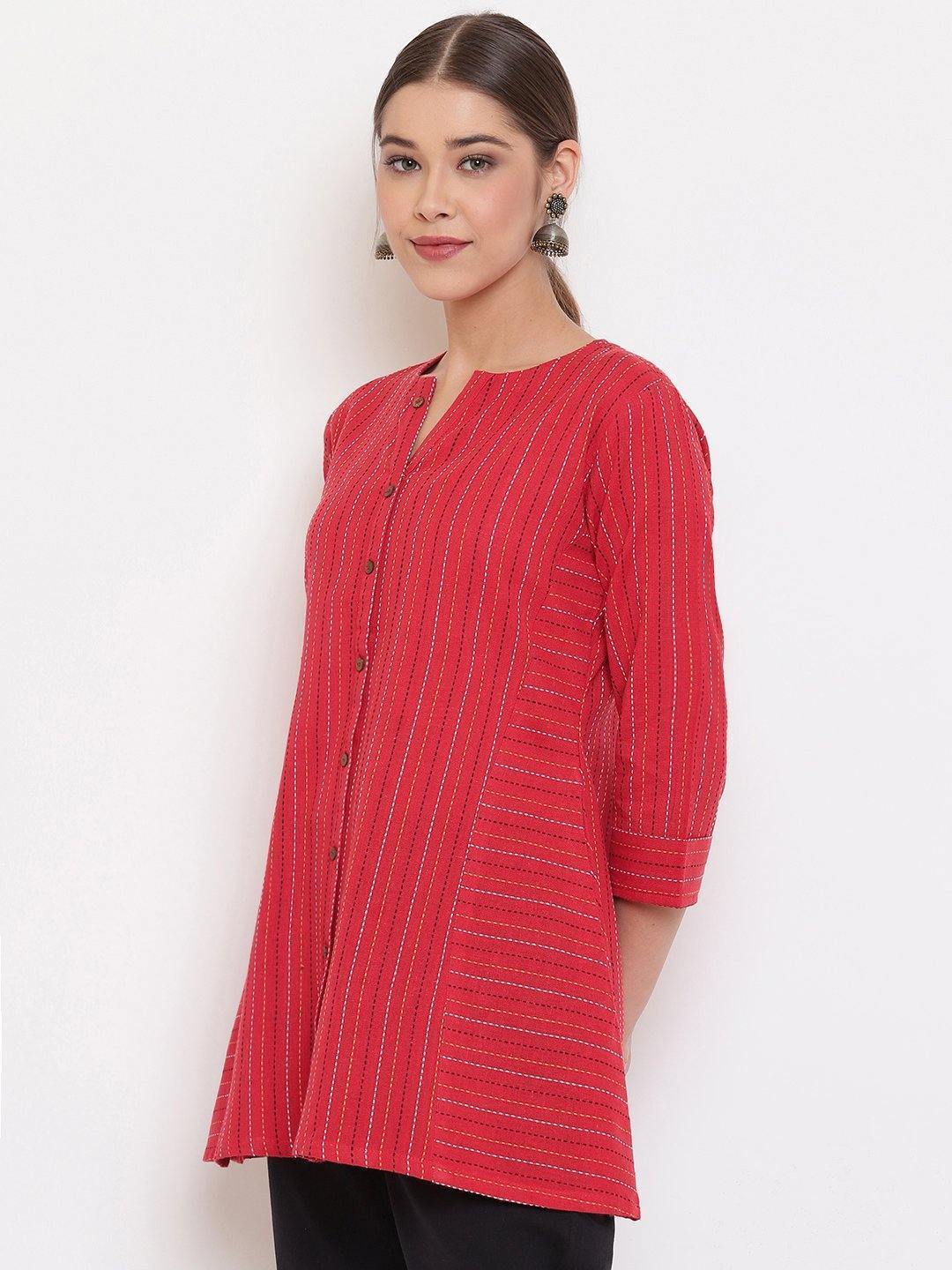 Women's Red Weaved Cotton T