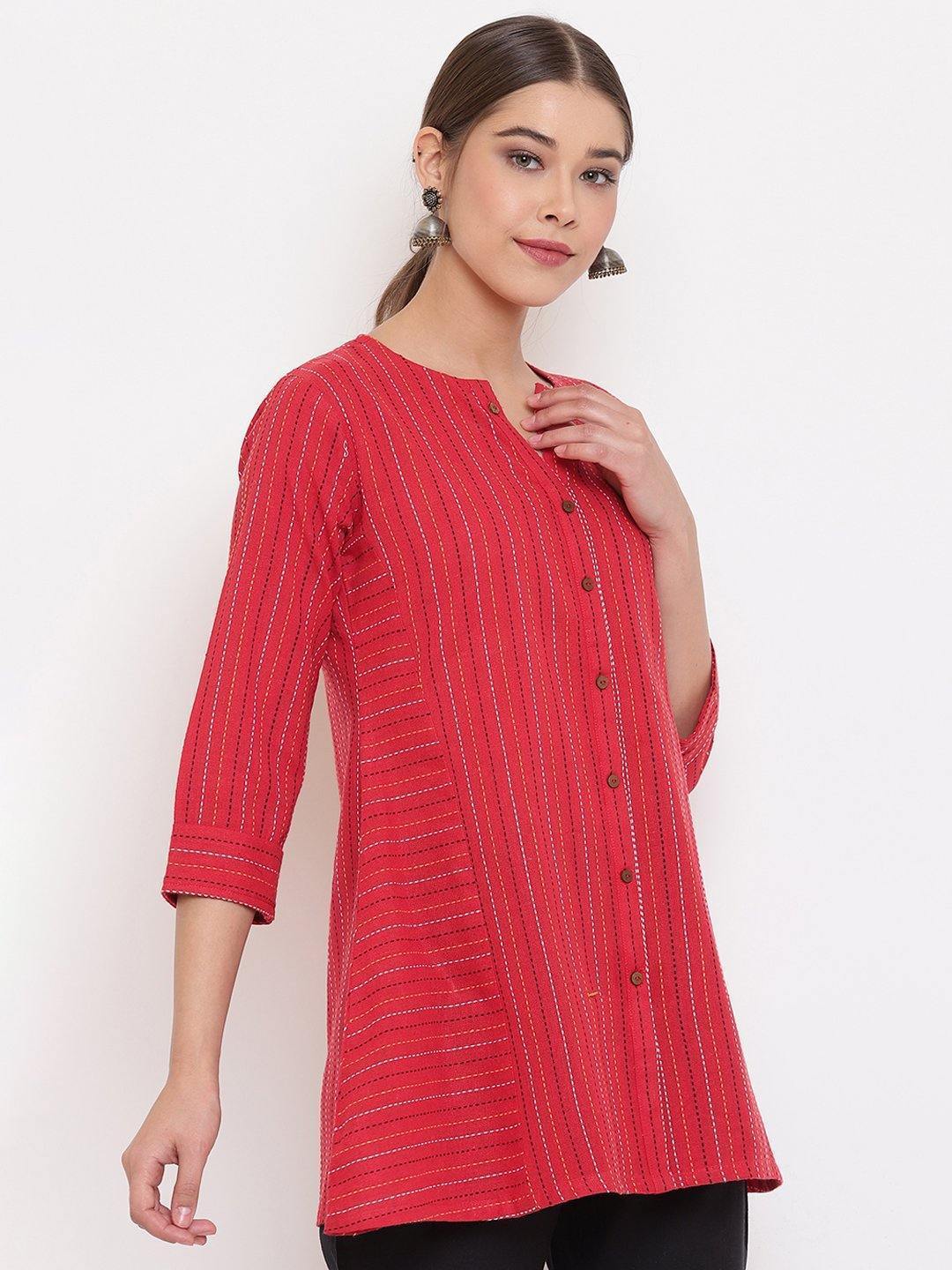 Women's Red Weaved Cotton T