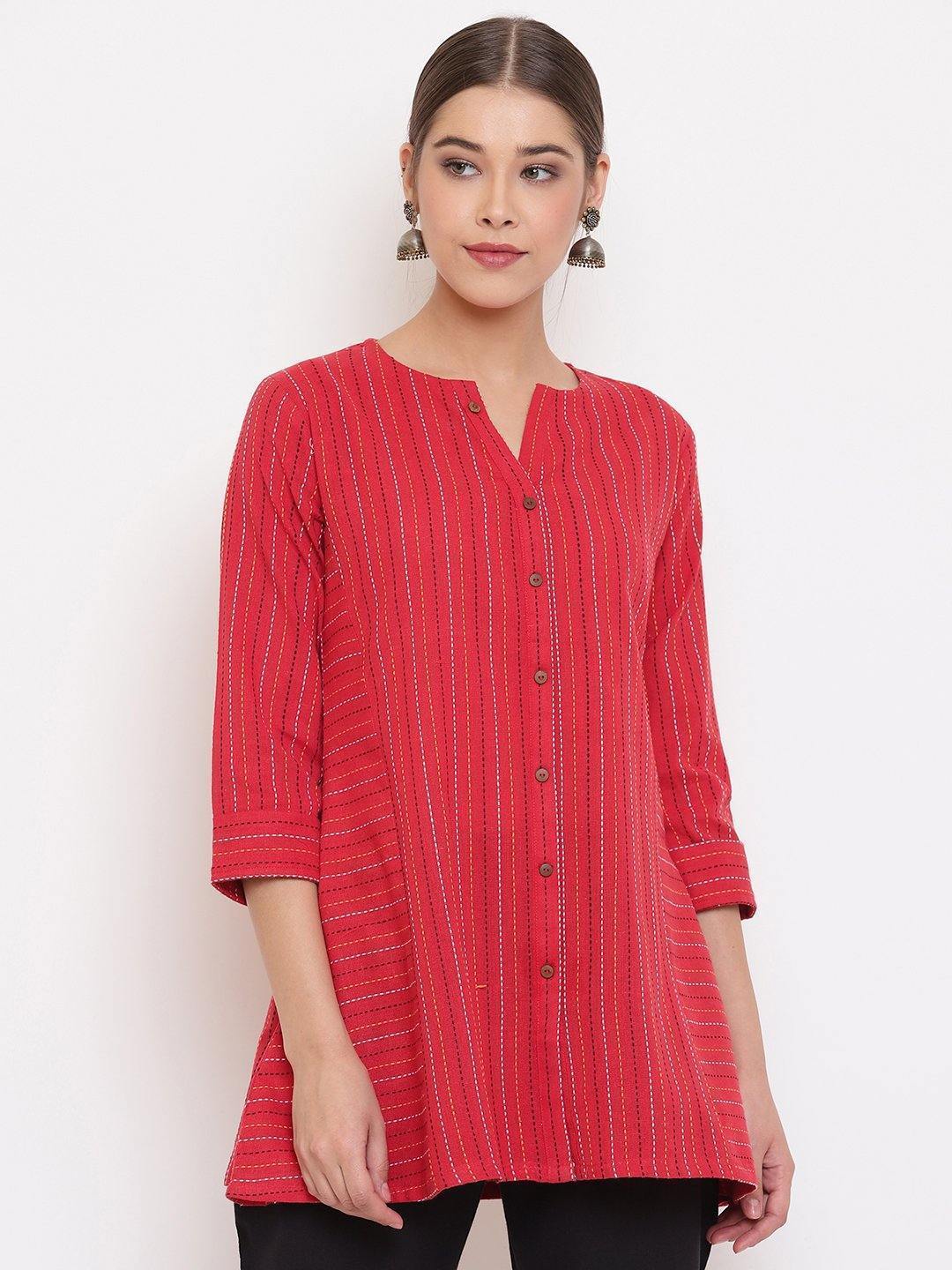 Women's Red Weaved Cotton T