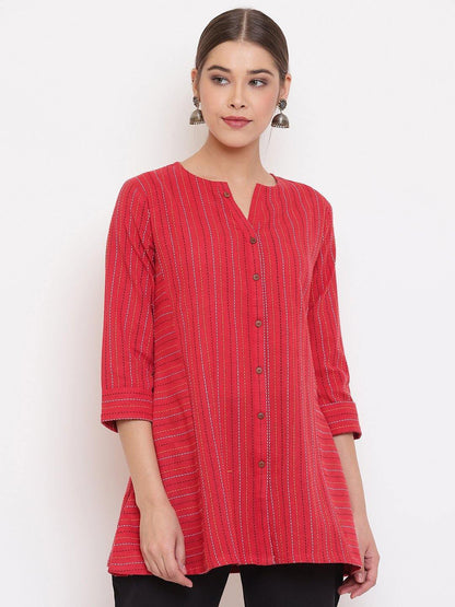 Women's Red Weaved Cotton T