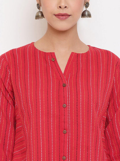 Women's Red Weaved Cotton T