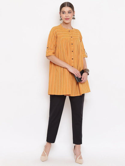 Women's Mustard Cotton Woven Design Gathered Product Type-Tops
