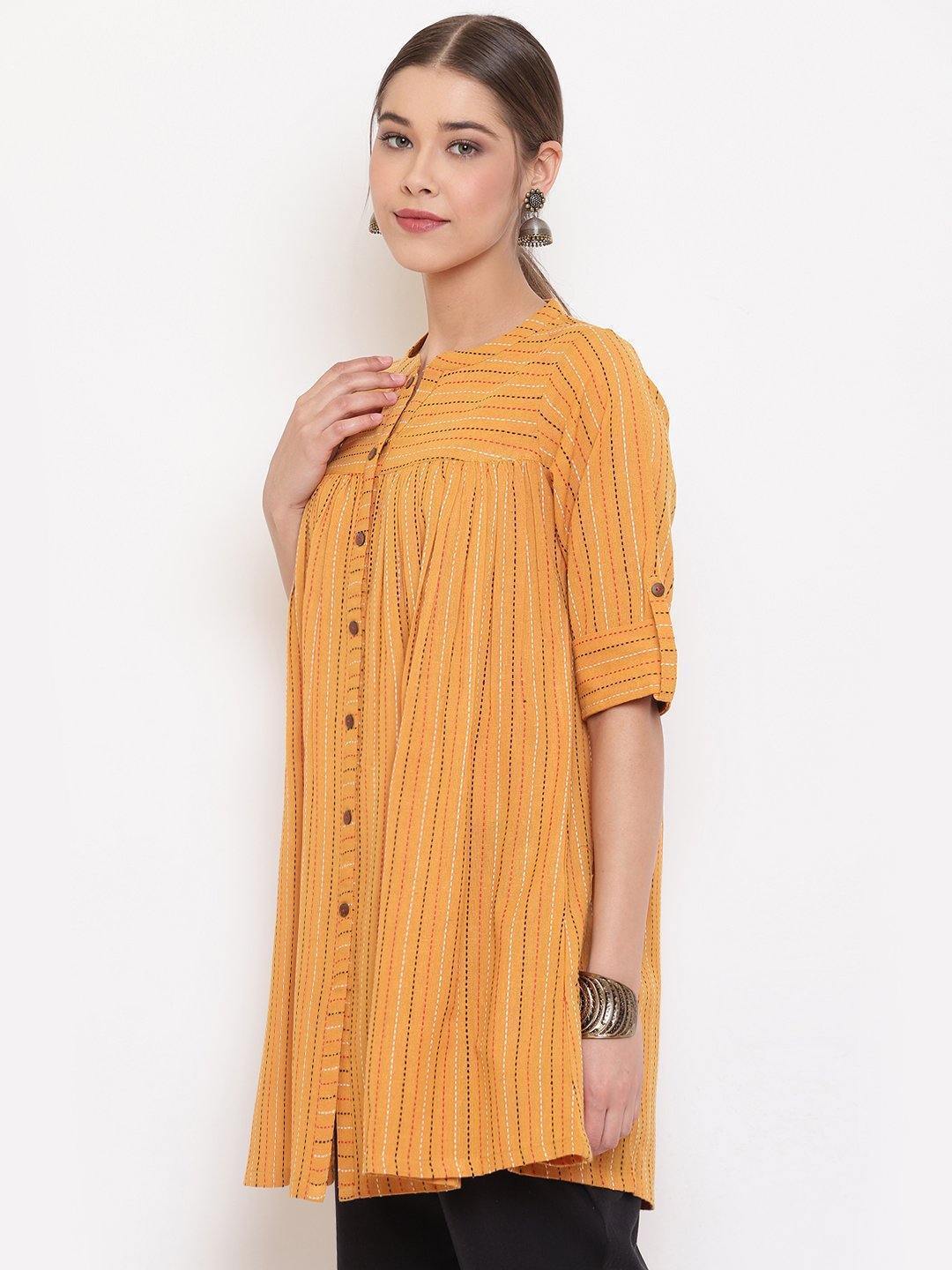 Women's Mustard Cotton Woven Design Gathered Product Type-Tops