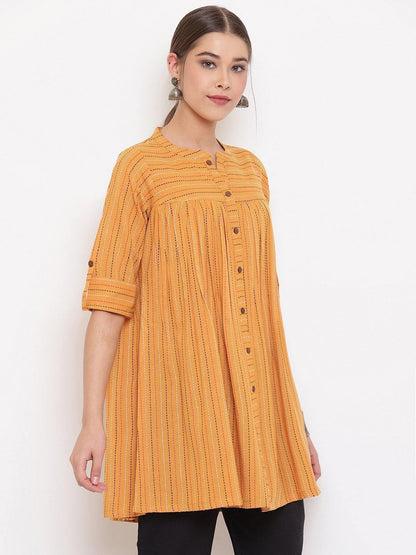 Women's Mustard Cotton Woven Design Gathered Product Type-Tops
