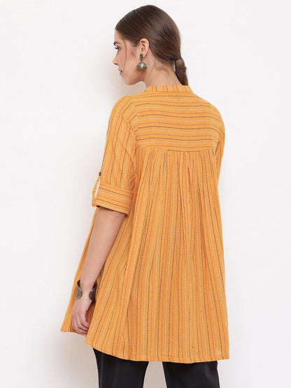 Women's Mustard Cotton Woven Design Gathered Product Type-Tops