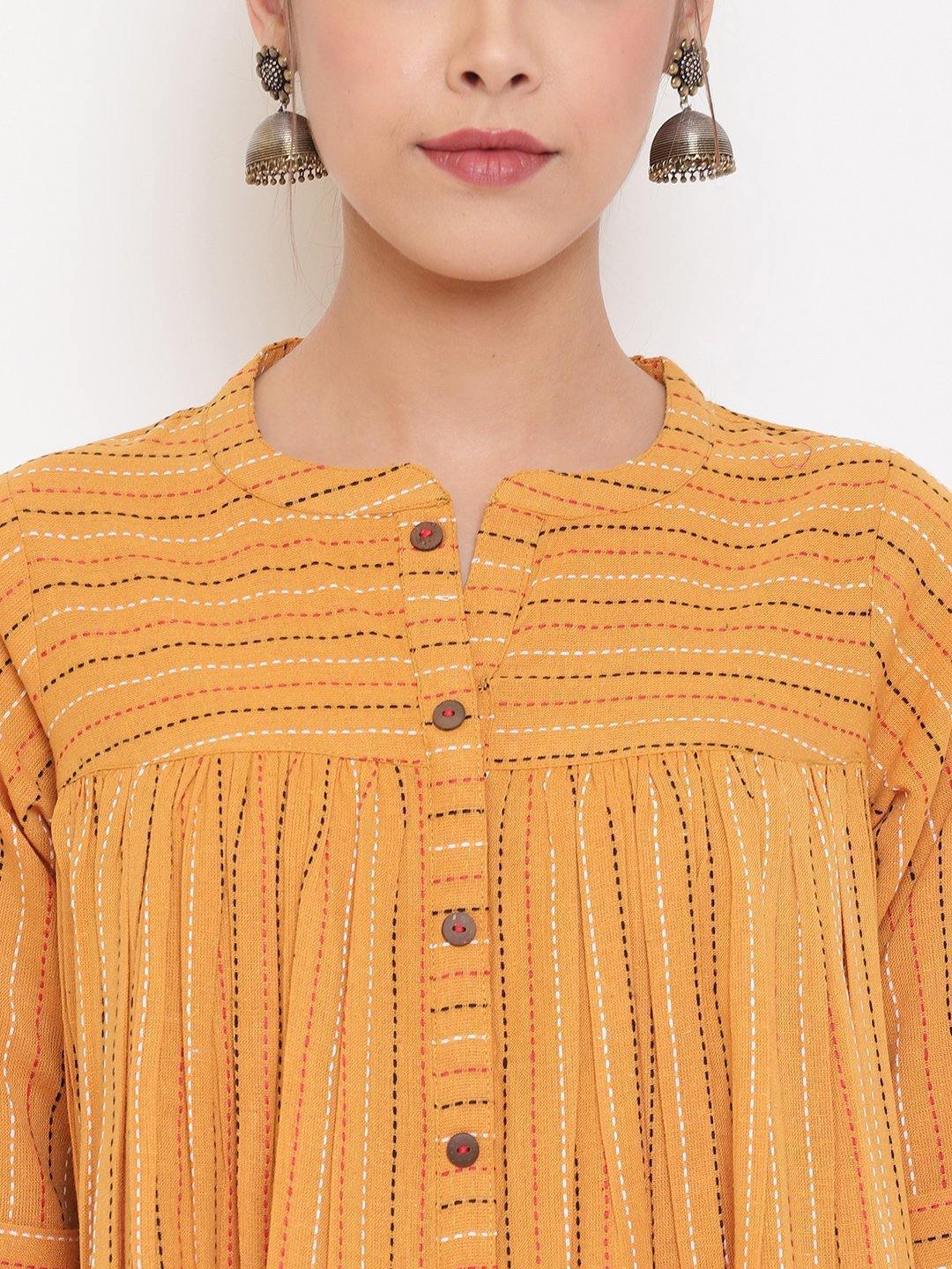Women's Mustard Cotton Woven Design Gathered Product Type-Tops