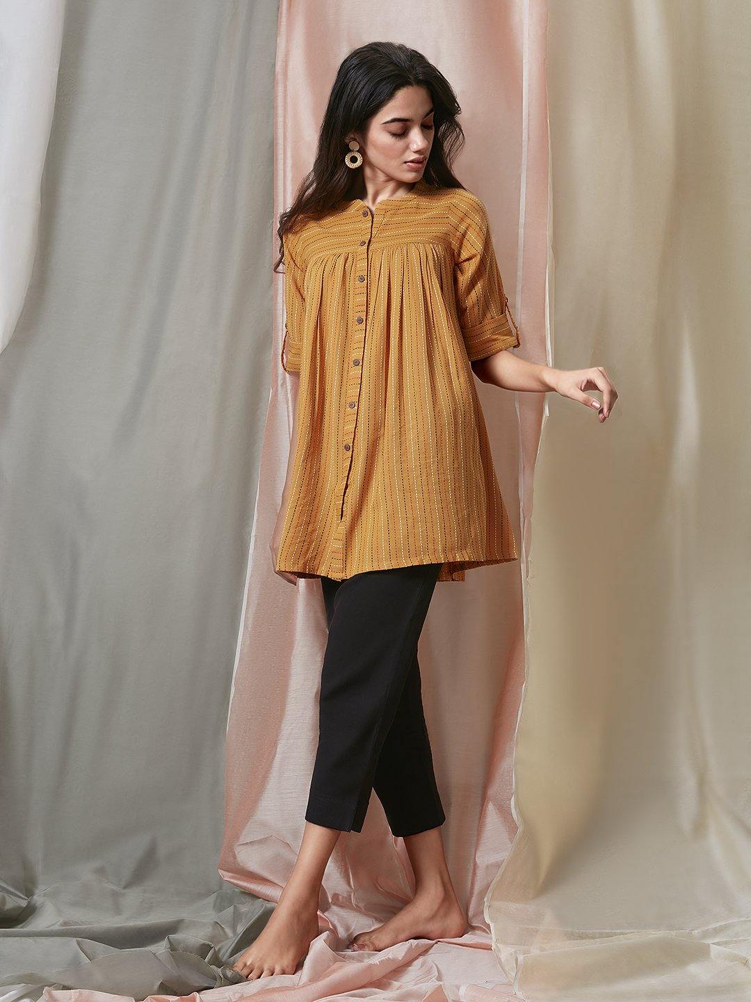 Women's Mustard Cotton Woven Design Gathered Product Type-Tops