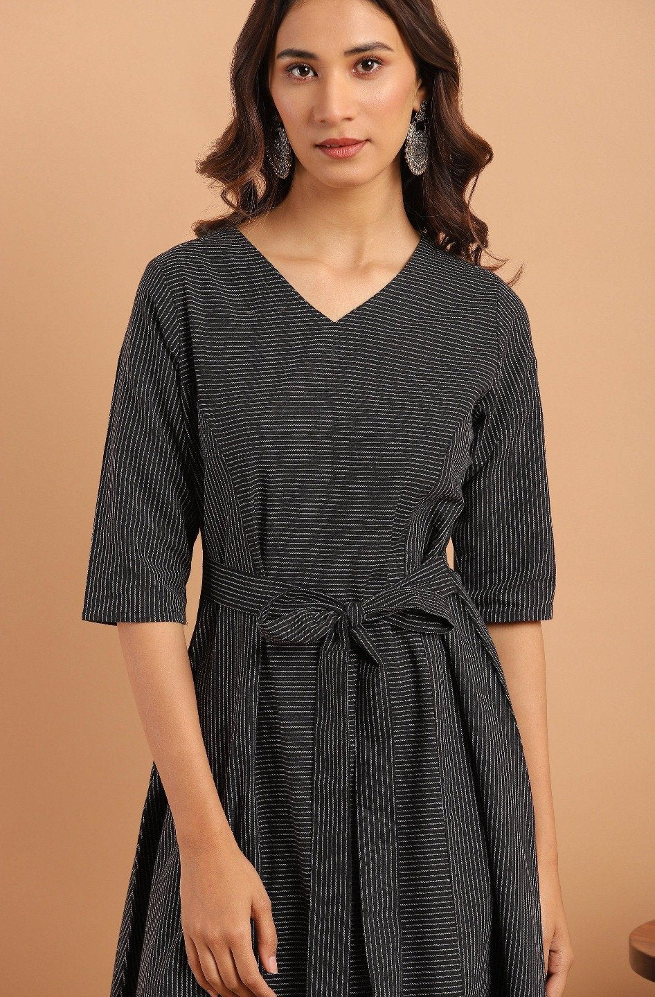 Women's Black Cotton Western Dress With Pock