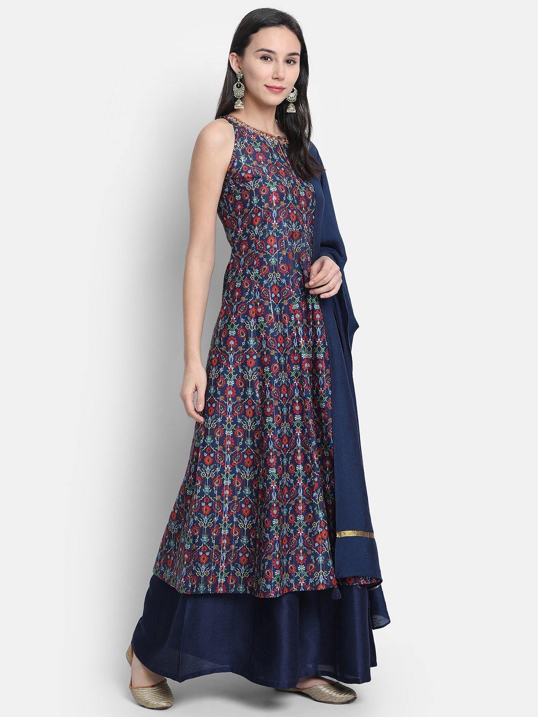 Women's Blue Poly Muslin Kurta With Palazzo And Dupat