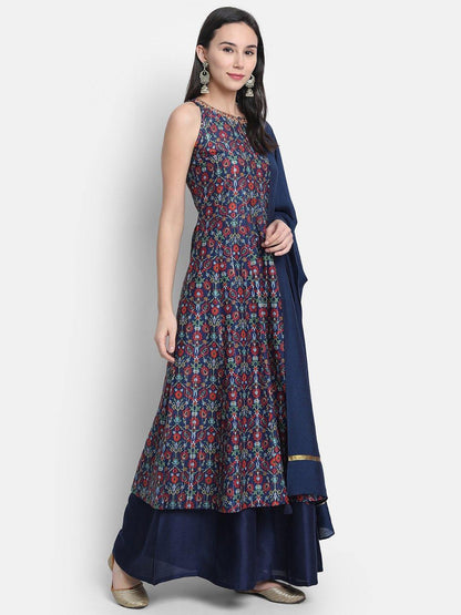 Women's Blue Poly Muslin Kurta With Palazzo And Dupat