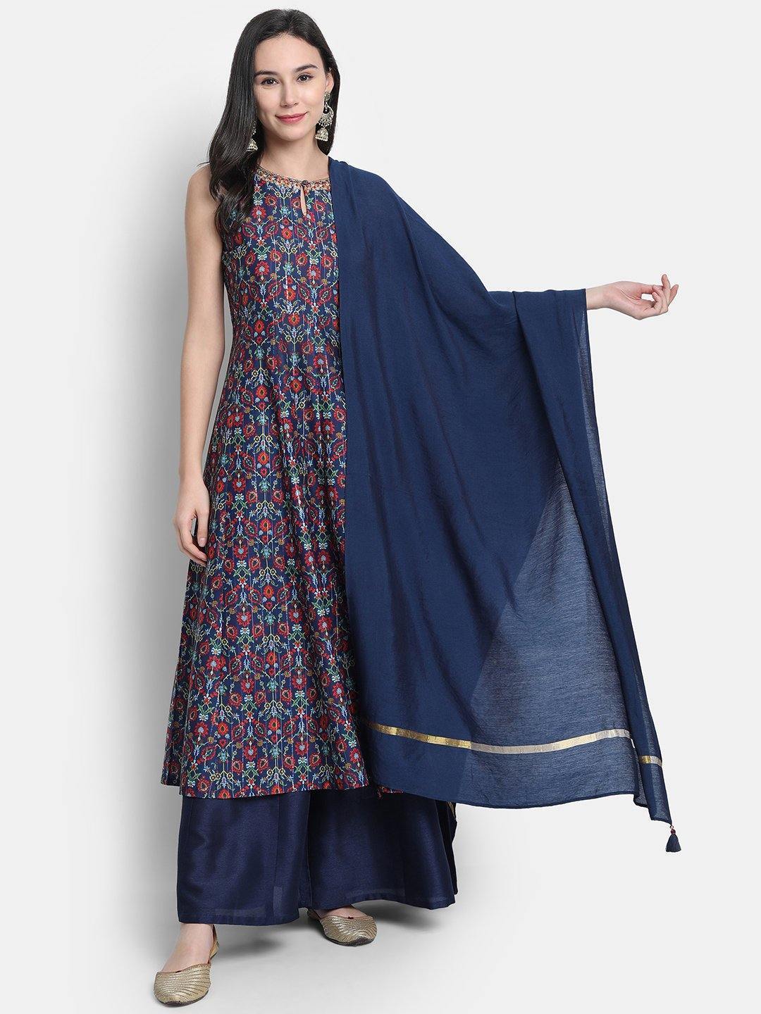 Women's Blue Poly Muslin Kurta With Palazzo And Dupat