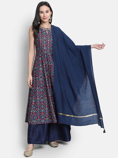 Women's Blue Poly Muslin Kurta With Palazzo And Dupat