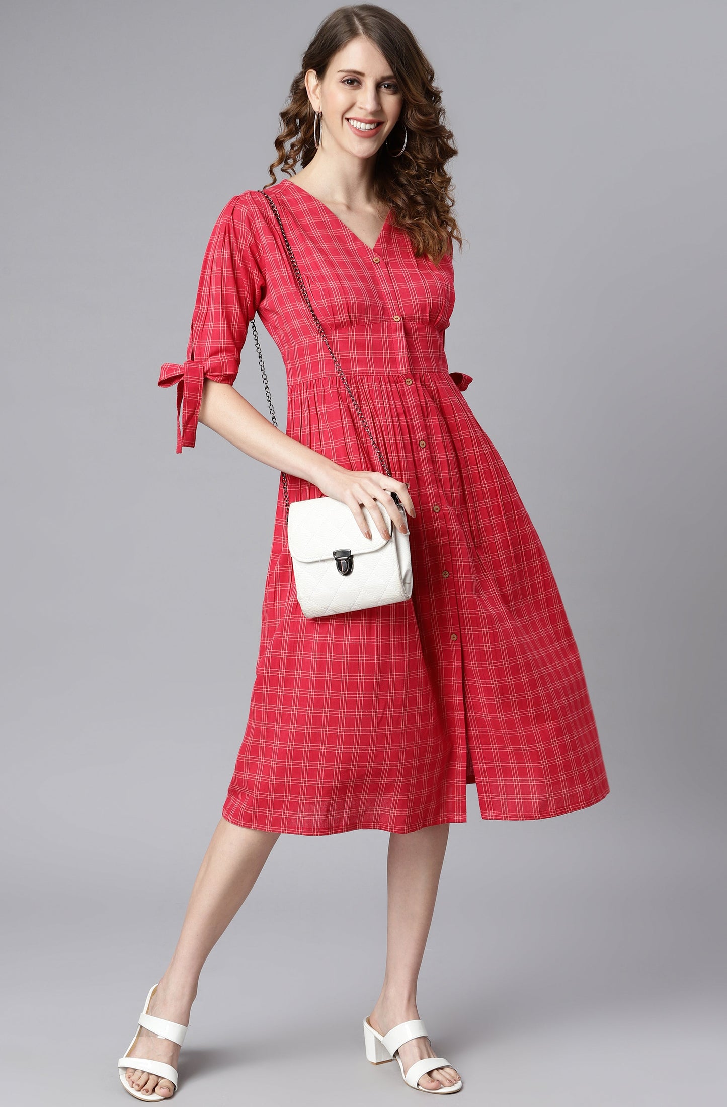 Women's Checkered Red Cotton Dress