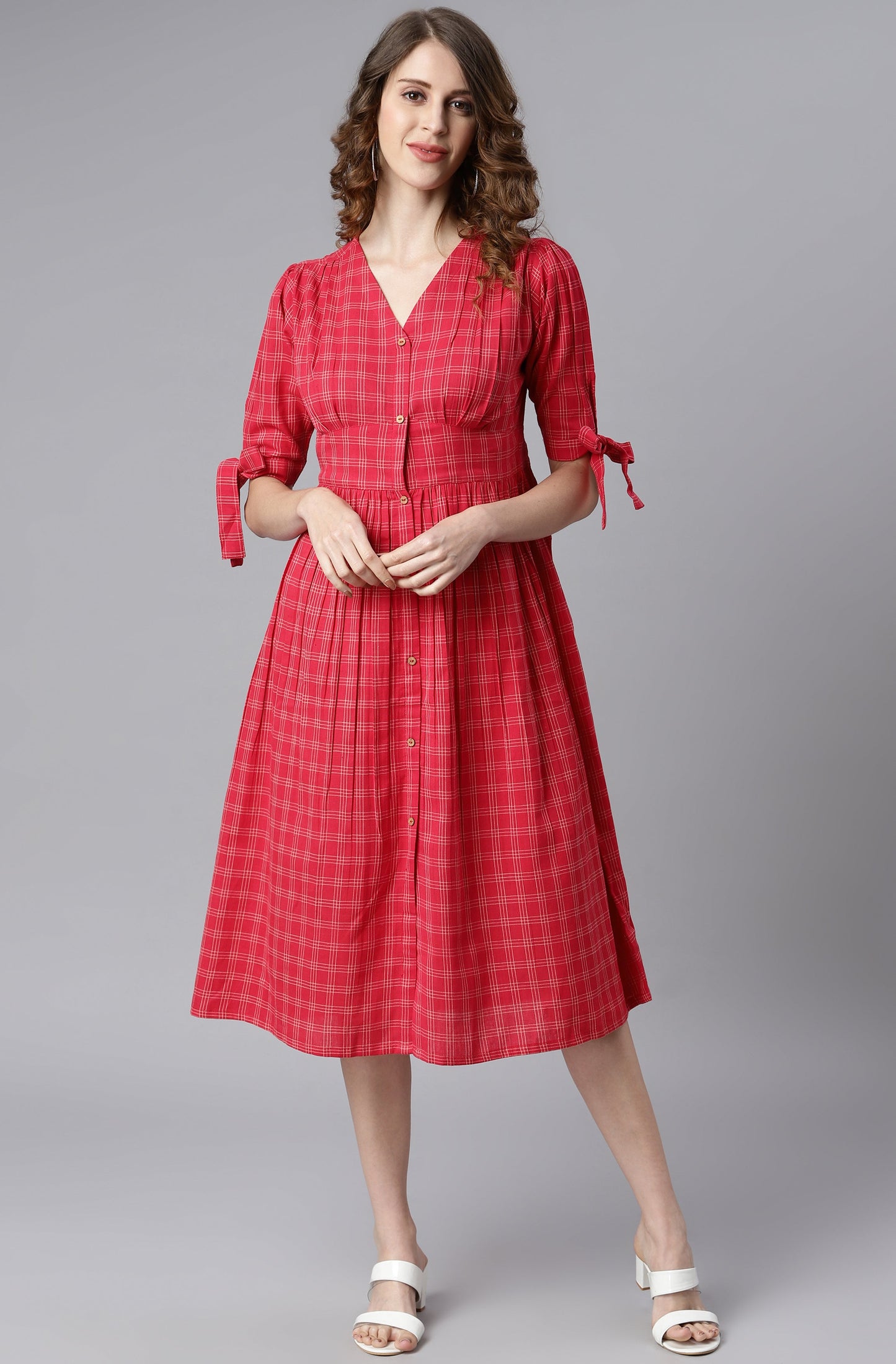 Women's Checkered Red Cotton Dress