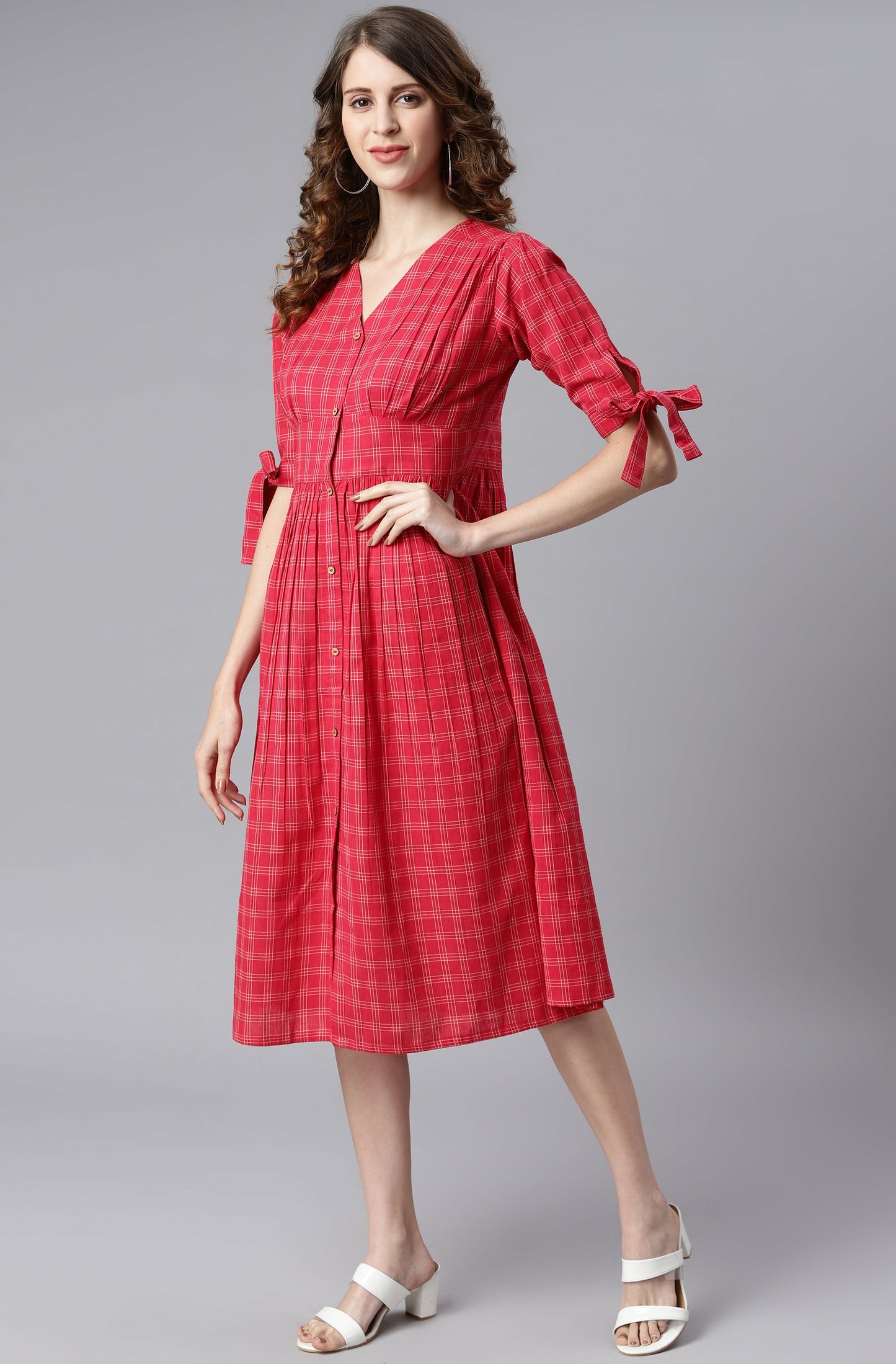 Women's Checkered Red Cotton Dress