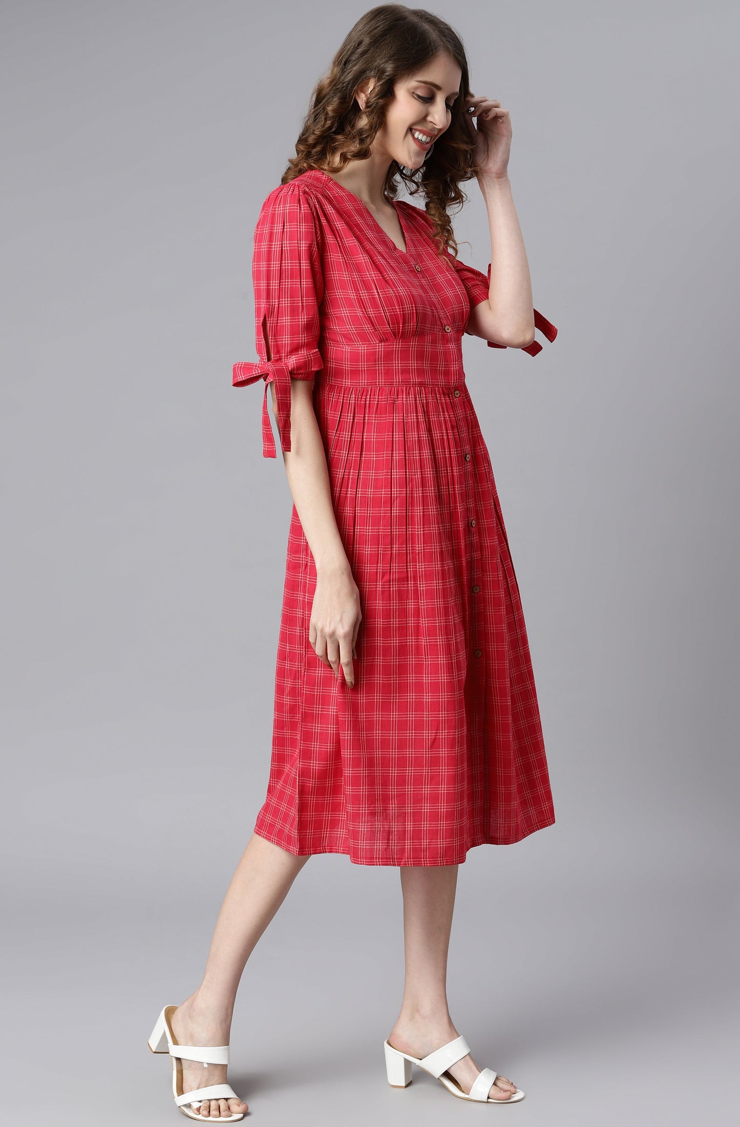 Women's Checkered Red Cotton Dress