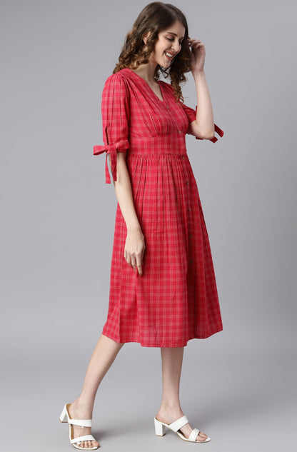 Women's Checkered Red Cotton Dress