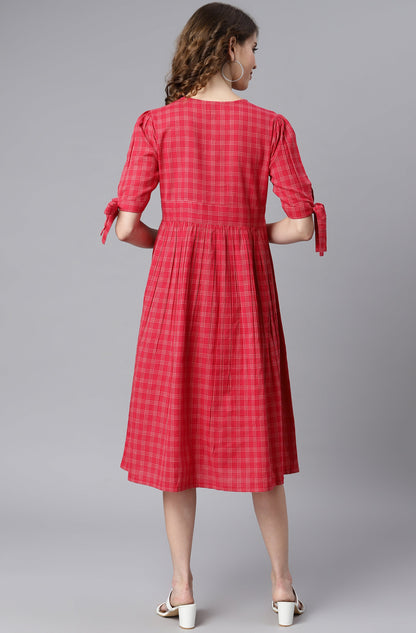 Women's Checkered Red Cotton Dress