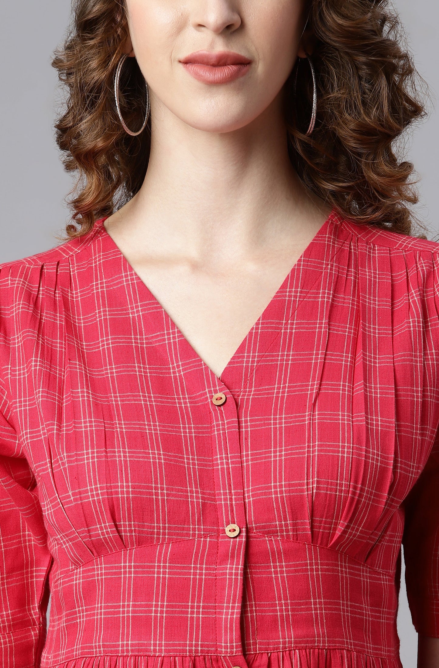 Women's Checkered Red Cotton Dress