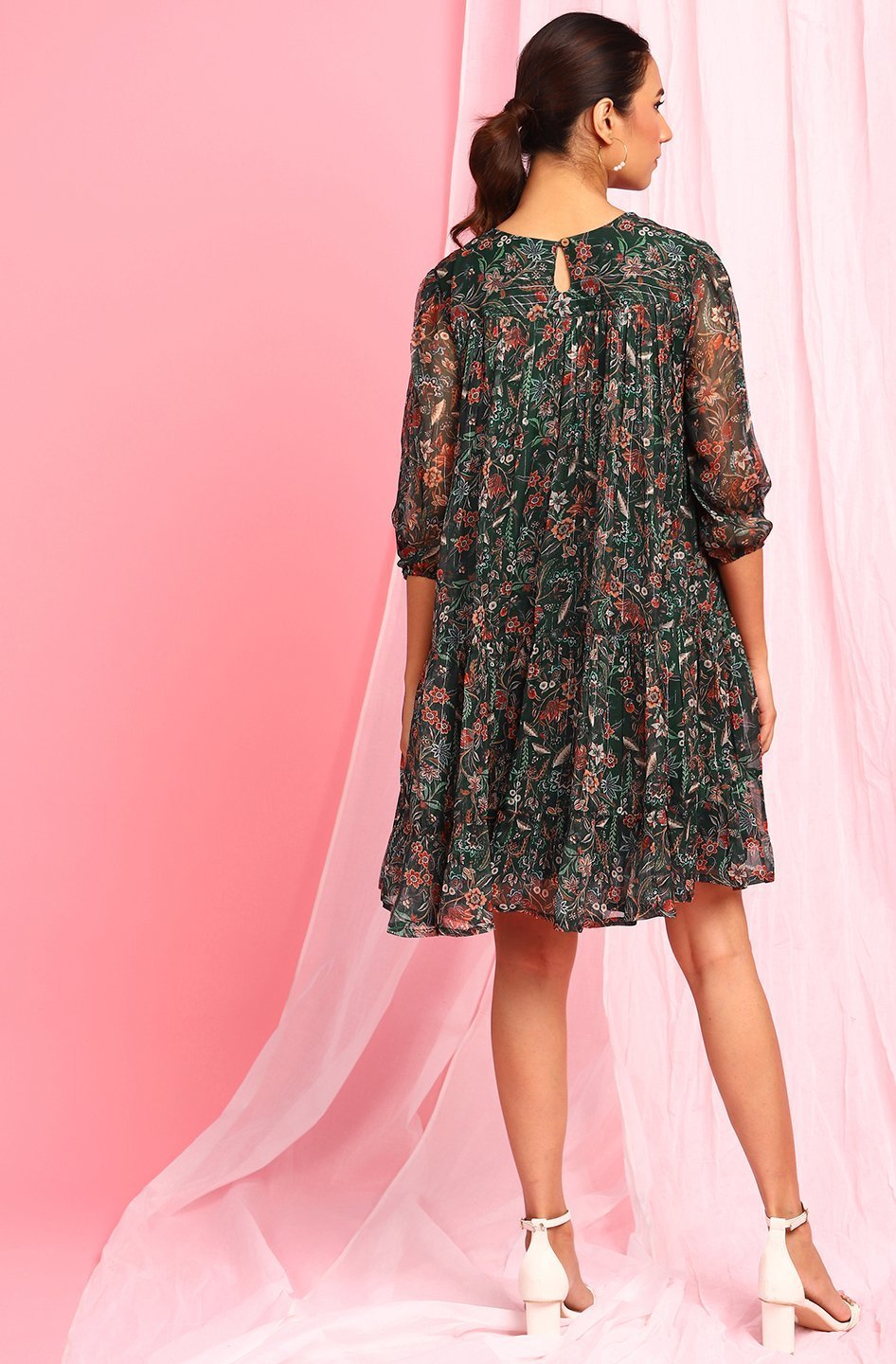 Women's Green Poly Georgette Western Dre