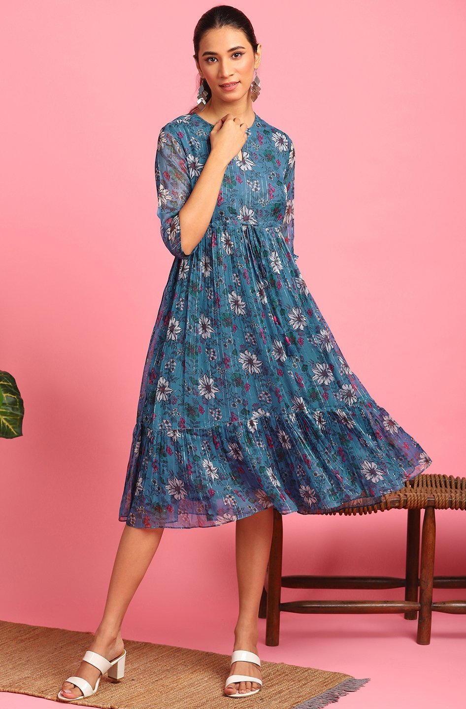 Women's Blue Poly Georgette Western Dre
