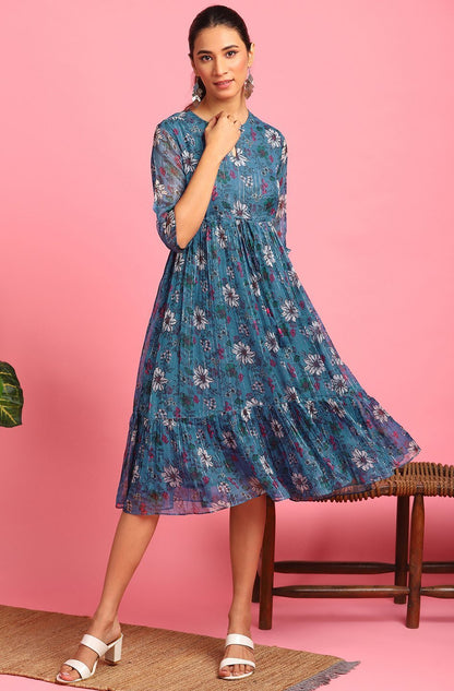 Women's Blue Poly Georgette Western Dre