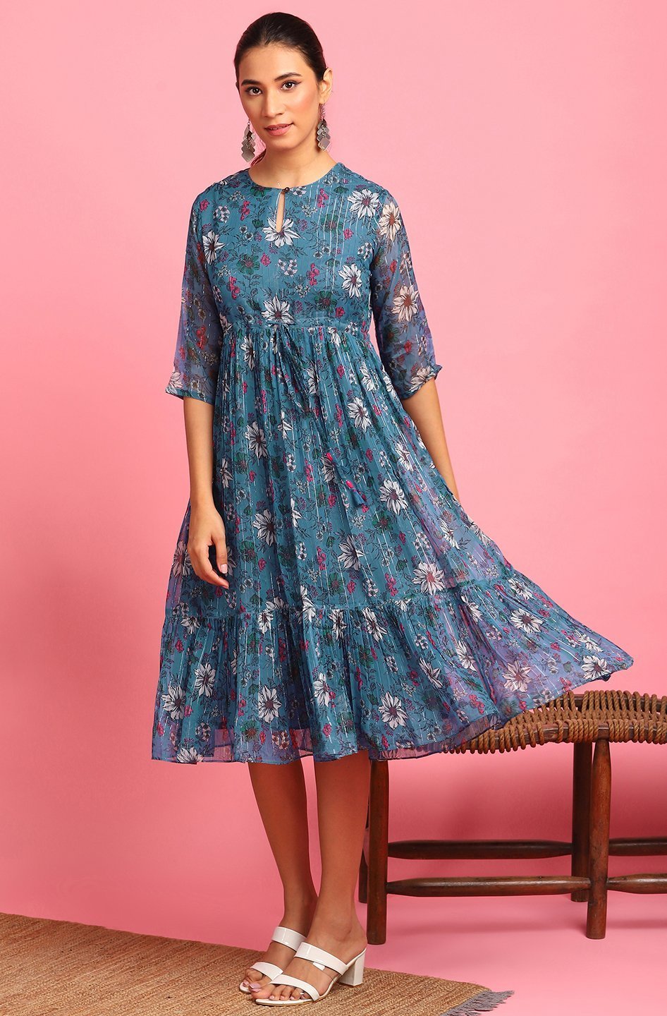 Women's Blue Poly Georgette Western Dre