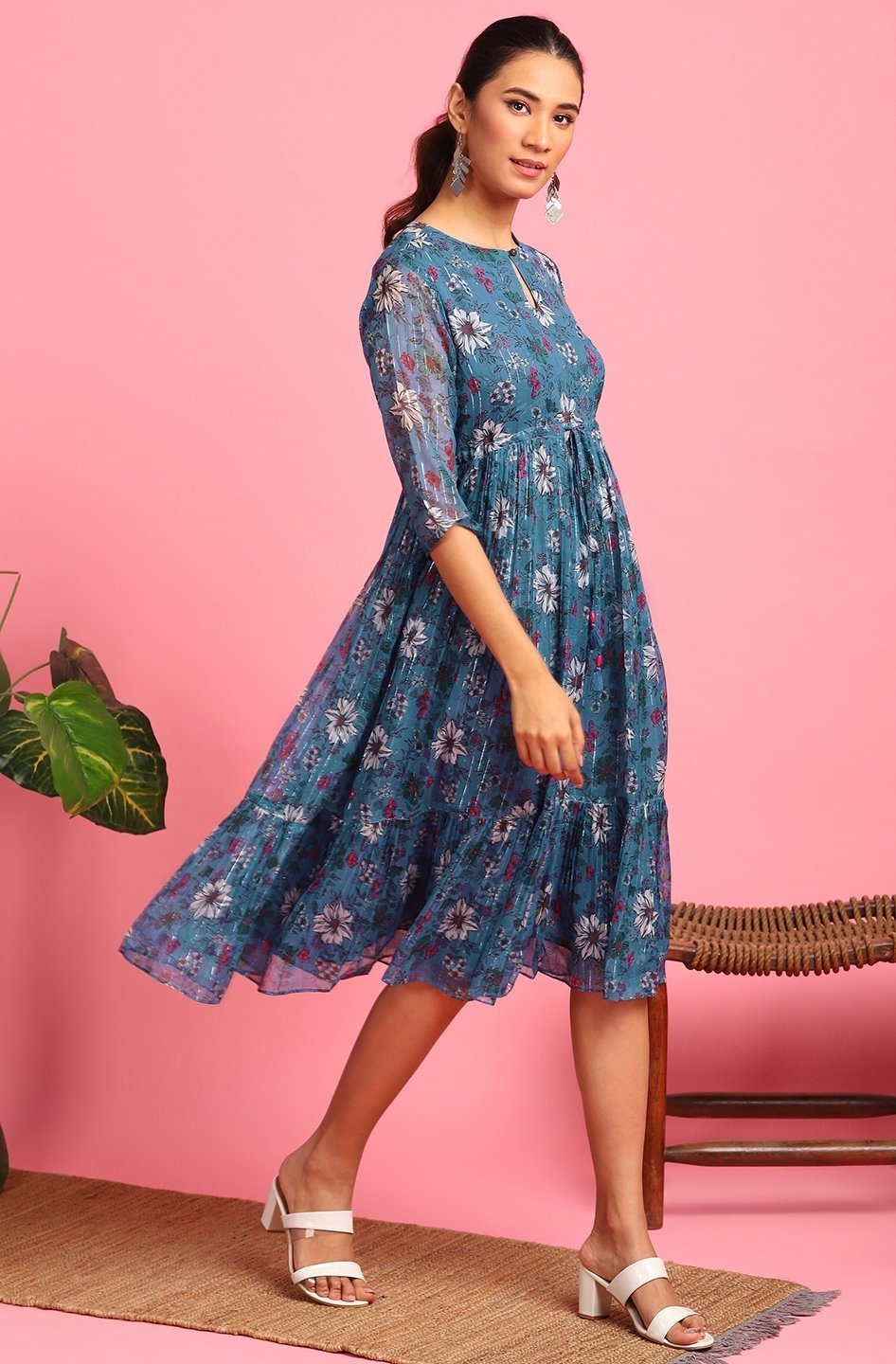 Women's Blue Poly Georgette Western Dre