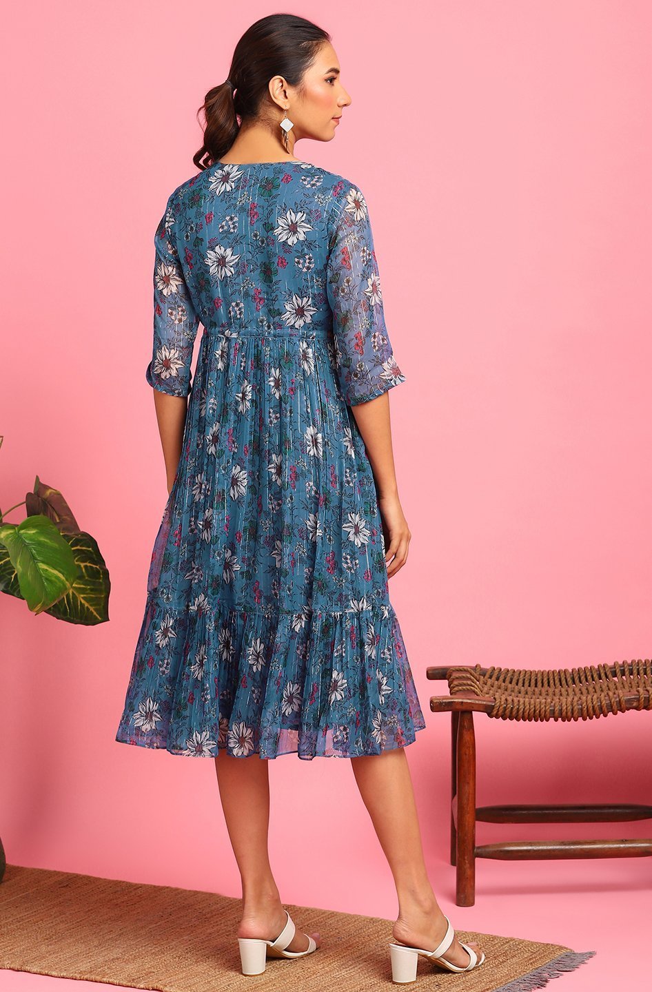 Women's Blue Poly Georgette Western Dre