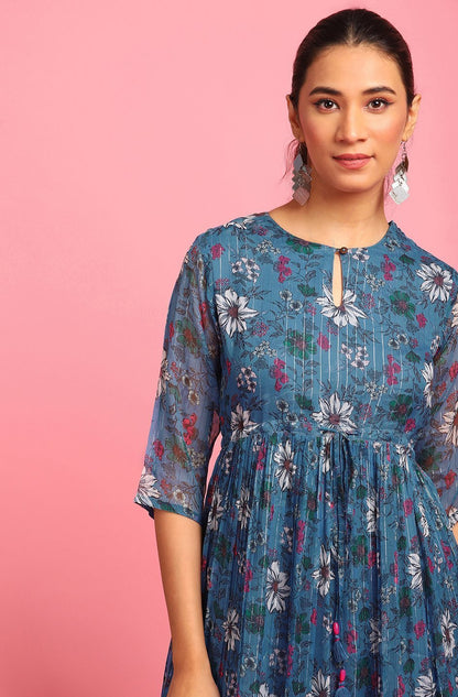 Women's Blue Poly Georgette Western Dre