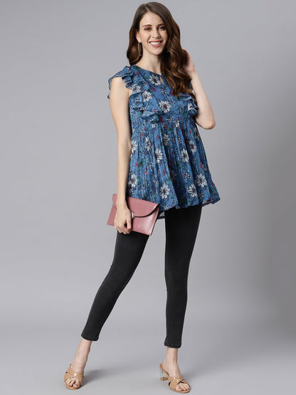 Women's Blue Poly Georgette T