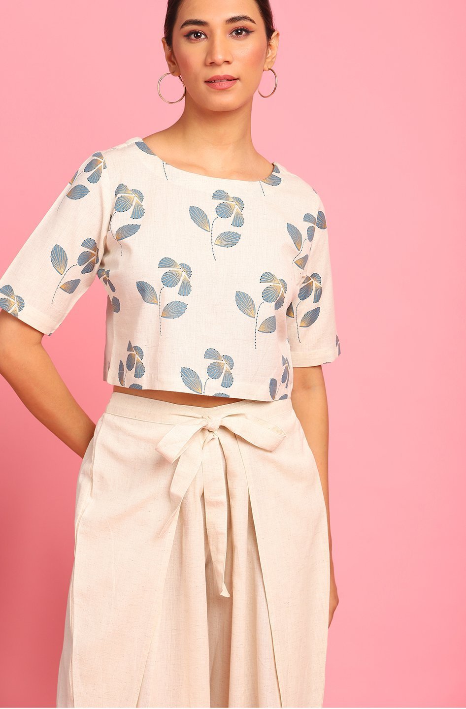 Women's Cream Cotton Flex Crop Top With Palaz