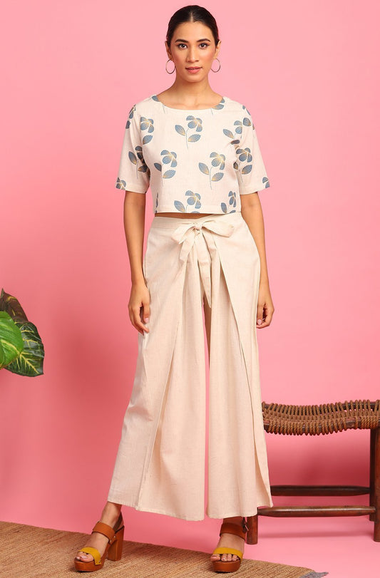 Women's Cream Cotton Flex Crop Top With Palaz