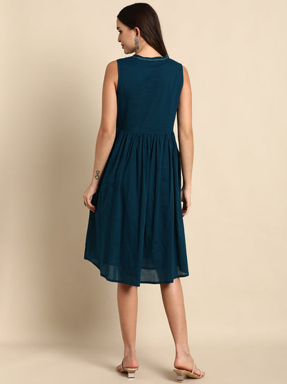Women's Solid Teal Cotton Dress