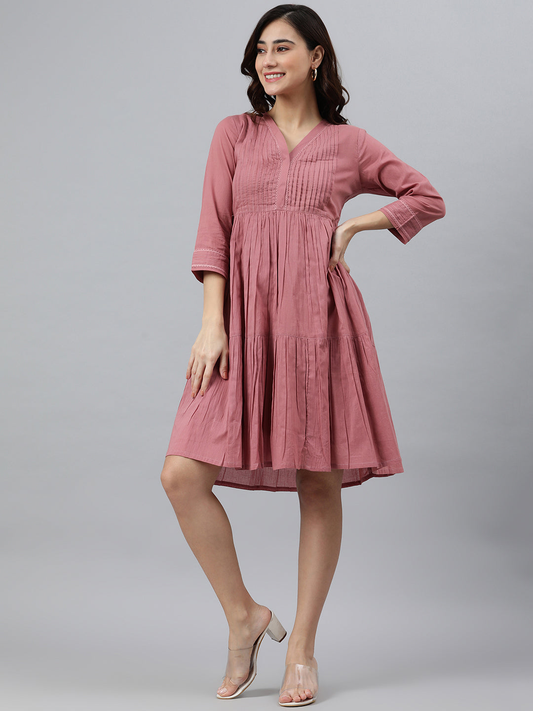Women's Solid Coral Pink Cotton Dress