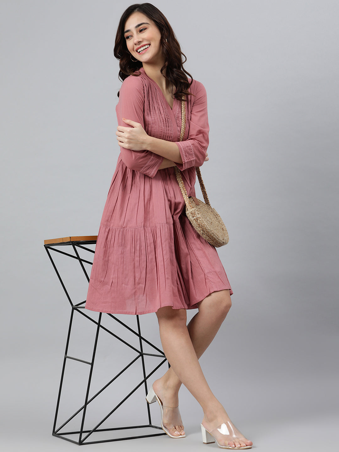 Women's Solid Coral Pink Cotton Dress