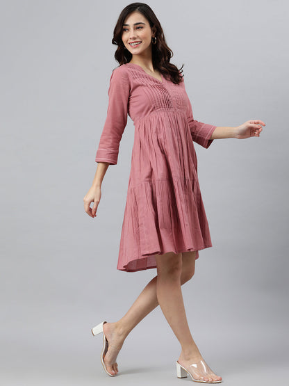Women's Solid Coral Pink Cotton Dress