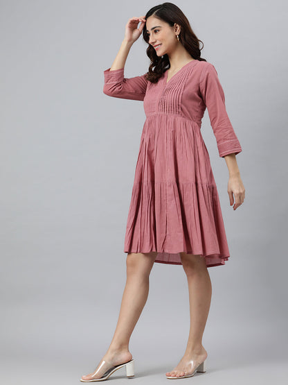 Women's Solid Coral Pink Cotton Dress