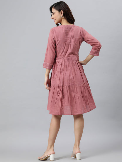 Women's Solid Coral Pink Cotton Dress
