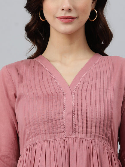 Women's Solid Coral Pink Cotton Dress