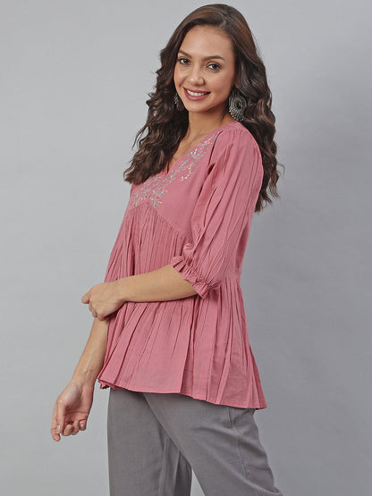 Women's Embroidered Pink Cotton Tops