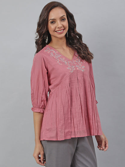 Women's Embroidered Pink Cotton Tops