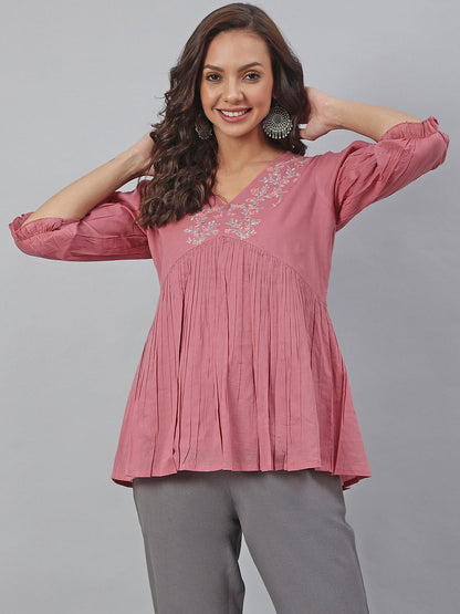Women's Embroidered Pink Cotton Tops