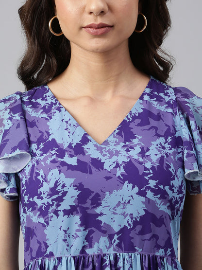 Women's Printed Blue Georgette Dress