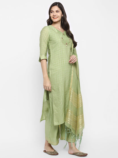 Women's Green Color Chanderi Silk Embroidered Straight Kurta Palazzo With Dupatta