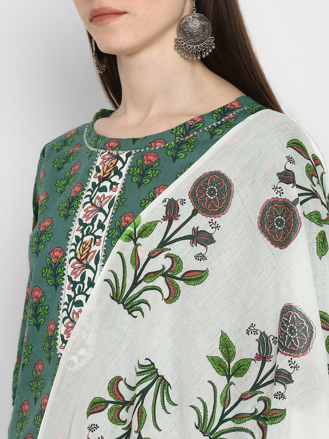Women's Block Print Green Kurta & Pant With Dupatta Set By Vbuyz- (3